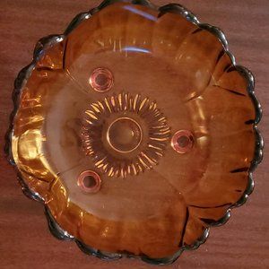 Vtg/MCM/Retro 70s Amber Indian Glass Serving Footed Bowl Flower/Sunflower Design
